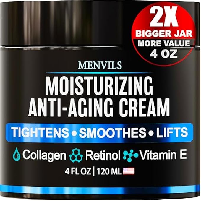 Menvils MENS FACE MOISTURIZER CREAM - ANTI AGING & WRINKLE FOR MEN WITH COLLAGEN, RETINOL, VITAMINS E, JOJOBA OIL - FACE LOTION - AGE FACIAL SKIN CARE - EYE WRINKLE - DAY & NIGHT - 4 OZ - Image 1